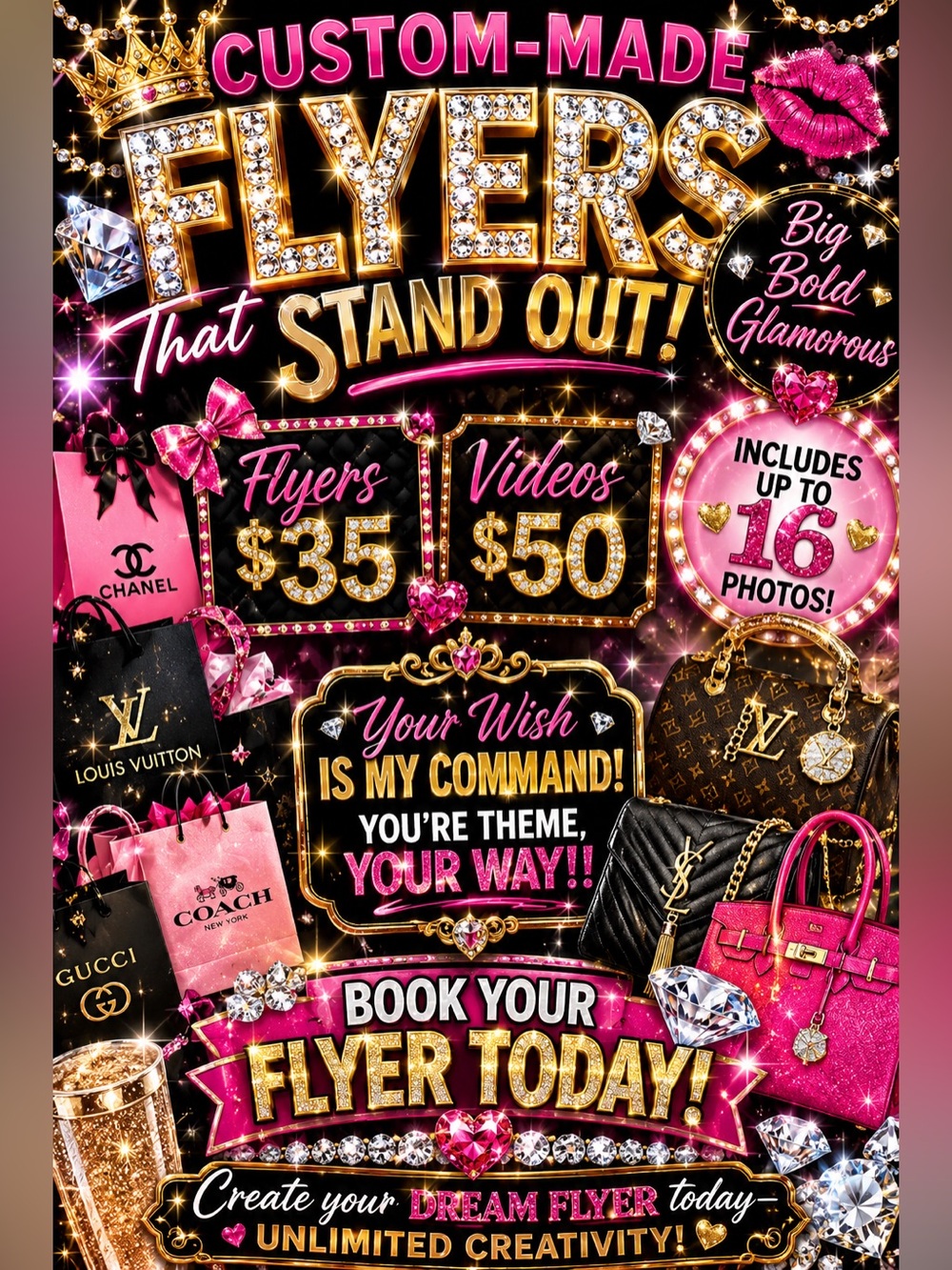 Custom Flyers w Video ($35start/$50w up to 16 pics and video and music)